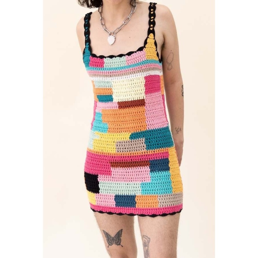 Tach Clothing Boho Crochet Patchwork Mini Dress Small Multicolor Indie Festival